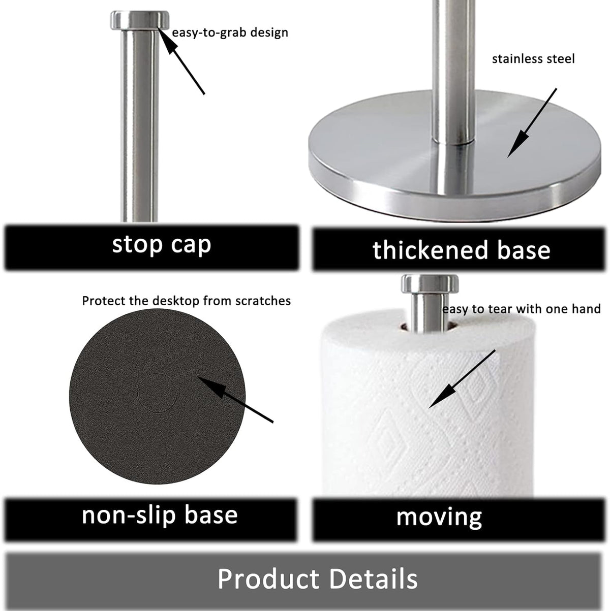 Silver Paper Towel Holder, Stainless Steel Countertop with Weighted Base