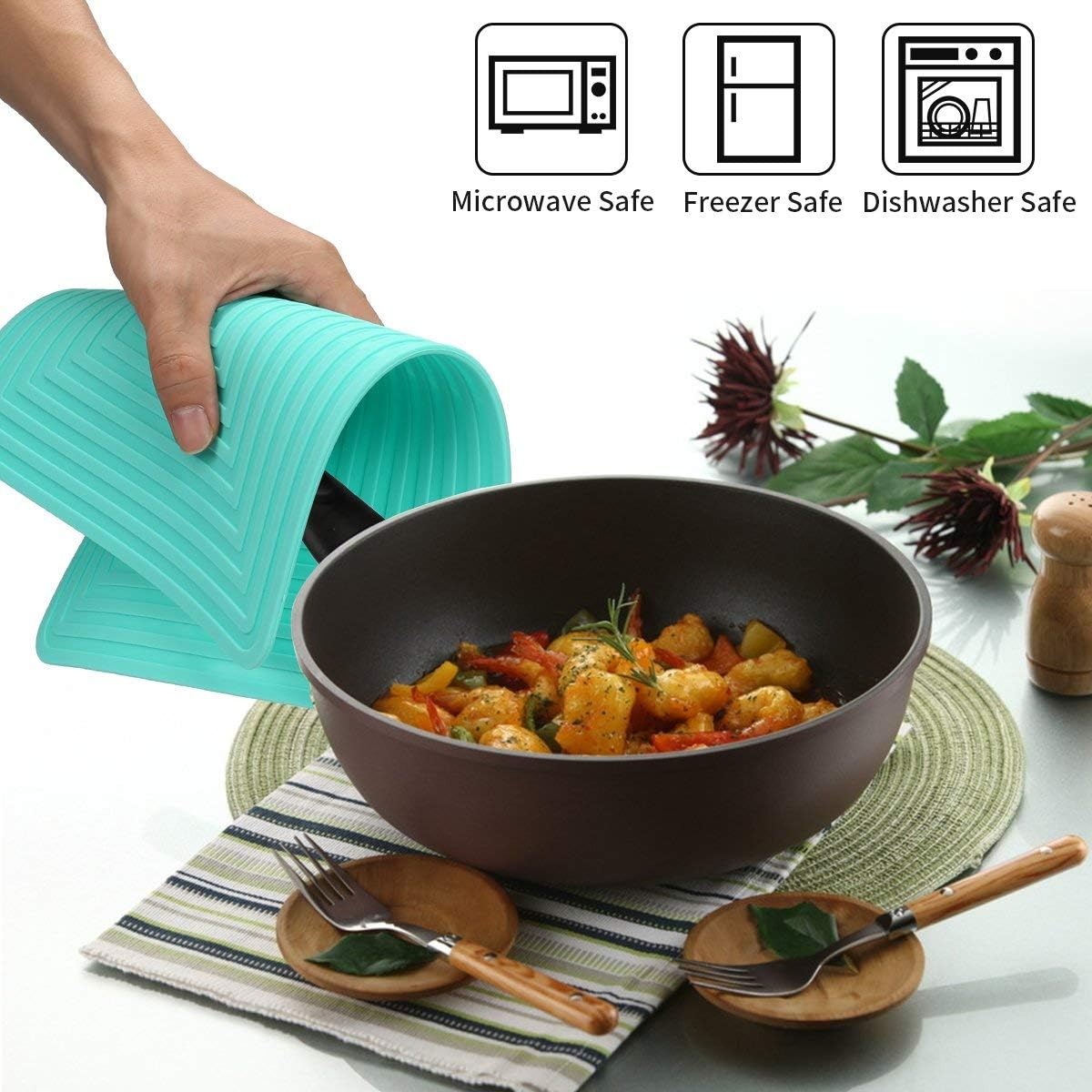 LogHog Large Silicone Trivet Mats for Hot Dishes/Pans, Heat Resistant Pot Holder, 9"x12" Non Slip Flexible Durable Pot Coaster Kitchen Table Mats Set of 2 (Teal)
