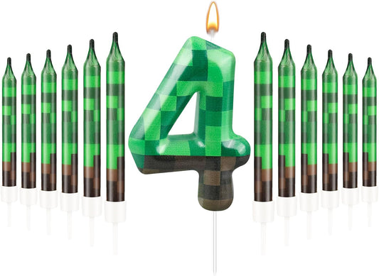 13 Pcs Dynamite Candles 12 TNT Themed Birthday Cake Candles and Number 4 Candle Cake Topper for Pixel Theme Birthday Party Anniversary Party Dynamite Theme Party Video Game Party Supplies (Number 4)