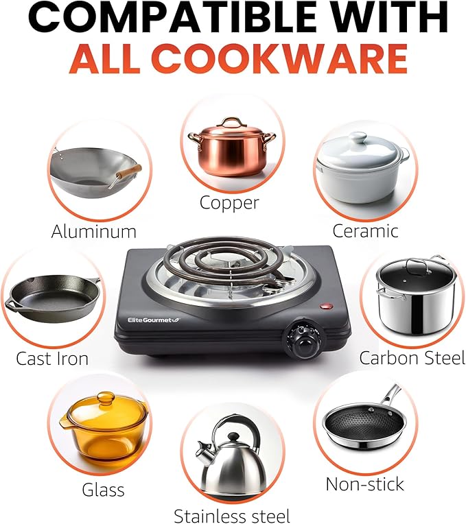 Elite Gourmet ESB100B Countertop Single Coiled Burner Electric Hot Plate, Temperature Control, Indicator Light, Easy to Clean, Black