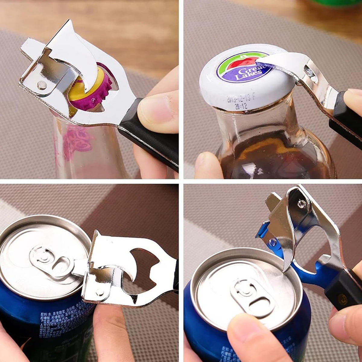 4-in-1 Can Punch Bottle Opener Classic Stainless Steel Manual Can Opener for Liquid with Cap Catcher, Can Tapper Church Key for Camping and Traveling 1 Pack