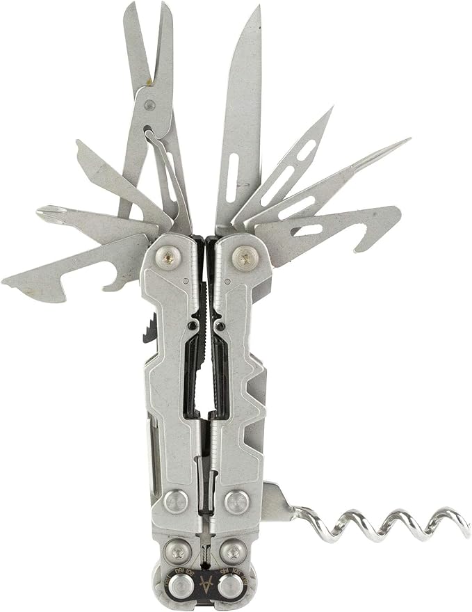 SOG PowerLitre Mini Utility Multi-Tool w/ 19 Lightweight Tools, Compact 5 Inch Long Utility Tool with Knife, Screwdriver, Hex Bit Holder, Stone Wash