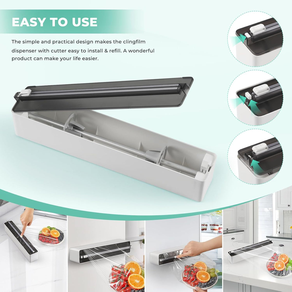 Magnetic Plastic Wrap Dispenser with Cutter - Practical Refillable Aluminum Tin Foil and Plastic Wrap Organizer for Drawer, Including an Extra Roll of 12"X 164' Food Cling Film - Black