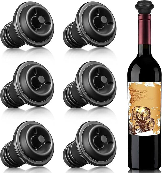 Honoson 6 Pieces Wine Stopper Resealable Pump Vacuum Silicone Saver Practical for Kitchen Supplies Bottle Tools (Black)