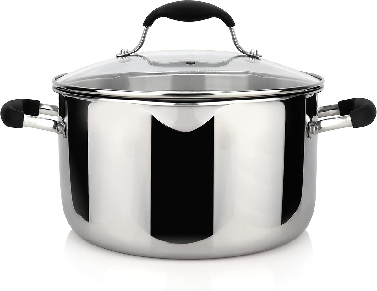 AVACRAFT Tri-Ply Stainless Steel Stockpot with Glass Strainer Lid, Side Spouts, 6 Quart Multipurpose Sauce Pot