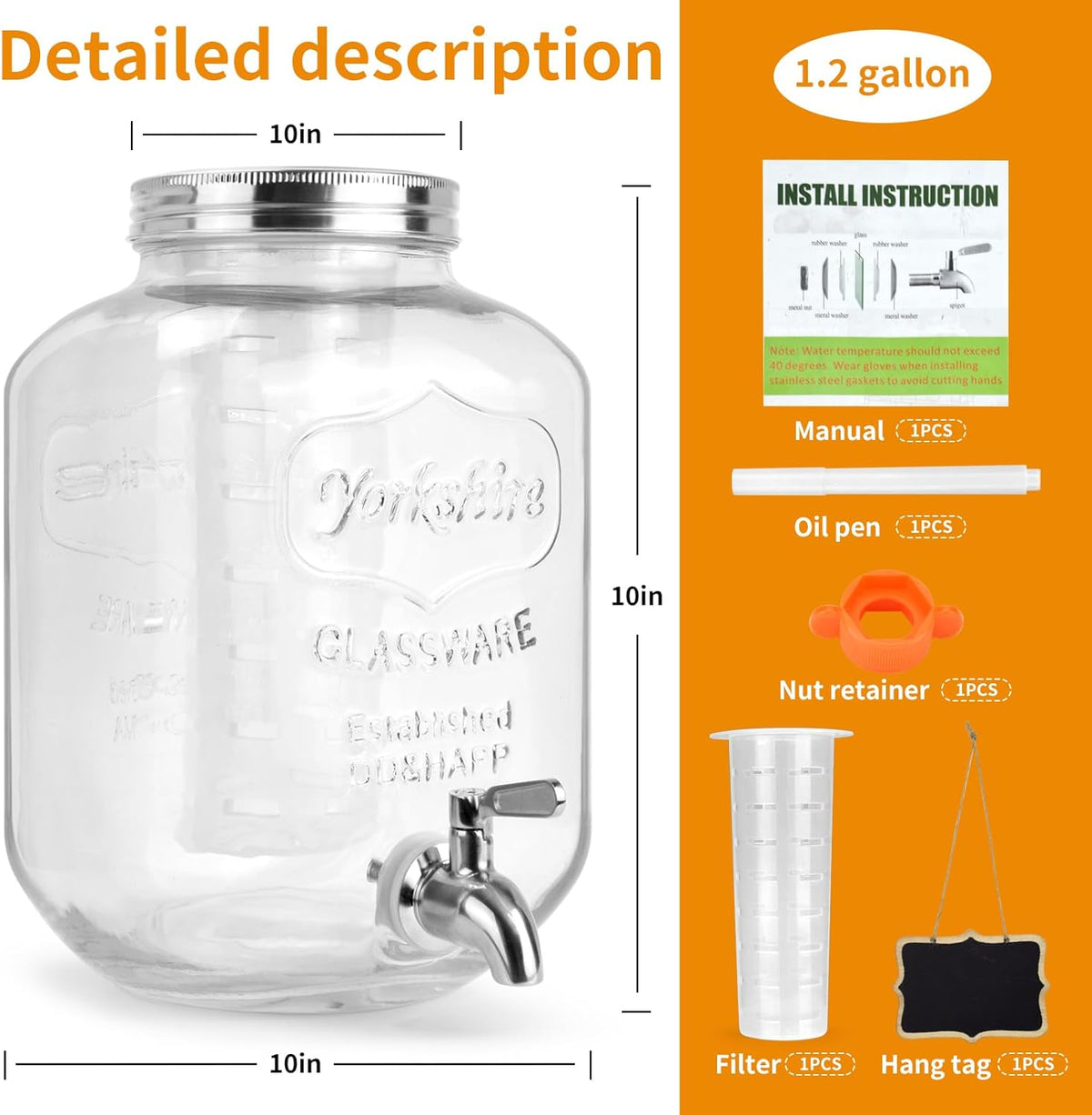DD&HAPP Glass Beverage Dispenser With Stainless Steel Spigot,1.2 Gallon Mason Jar Drink Dispenser,Sun Tea,Lemonade & Juice Dispenser for Parties, Weddings & Events.Leak-Proof, Infuser Included.