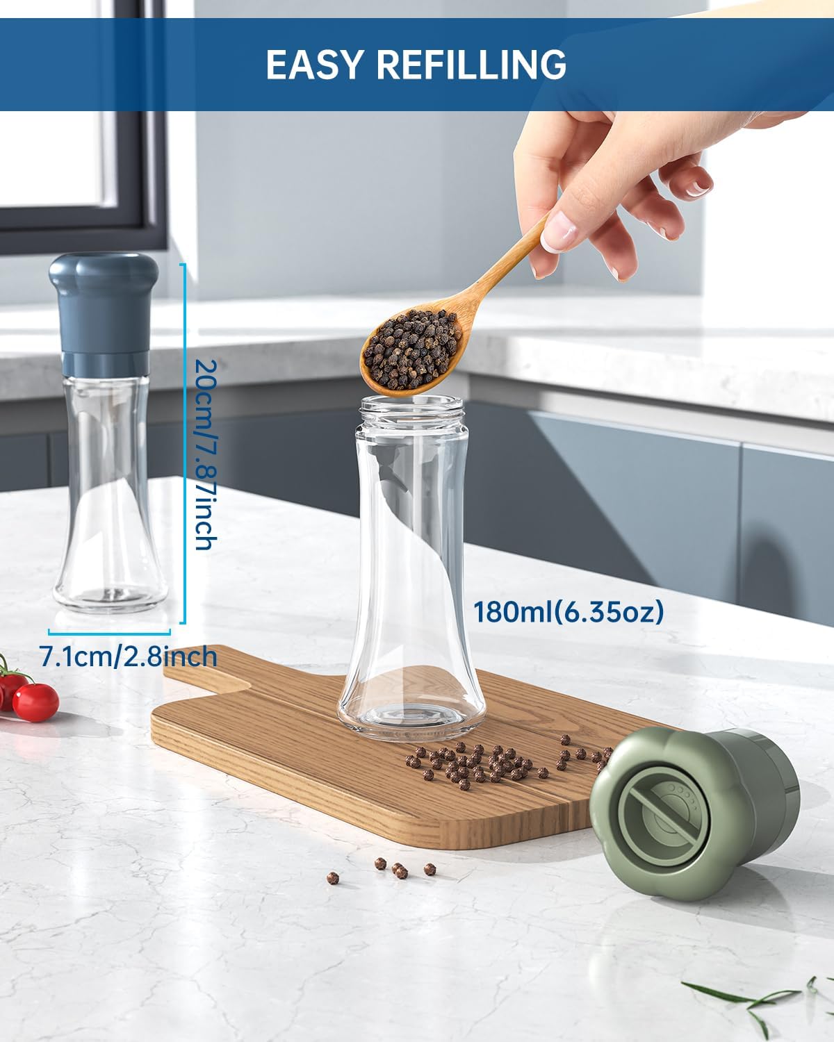 CIRCLE JOY Manual Salt and Pepper Grinder Set For Professional Chef, Refillable Salt and Pepper Shakers with Ceramic Blades, Adjustable Coarseness and BPA-free 180ml Glass Container, Tall Blue