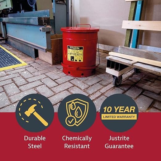 Justrite 6 Gallon Galvanized Steel Oily Waste Can, 16" x 12" Metal Oil Rag Safety Can With Foot Operated Self-Closing Lid for Oil Rag Disposal, Made in the USA, Red, 09100