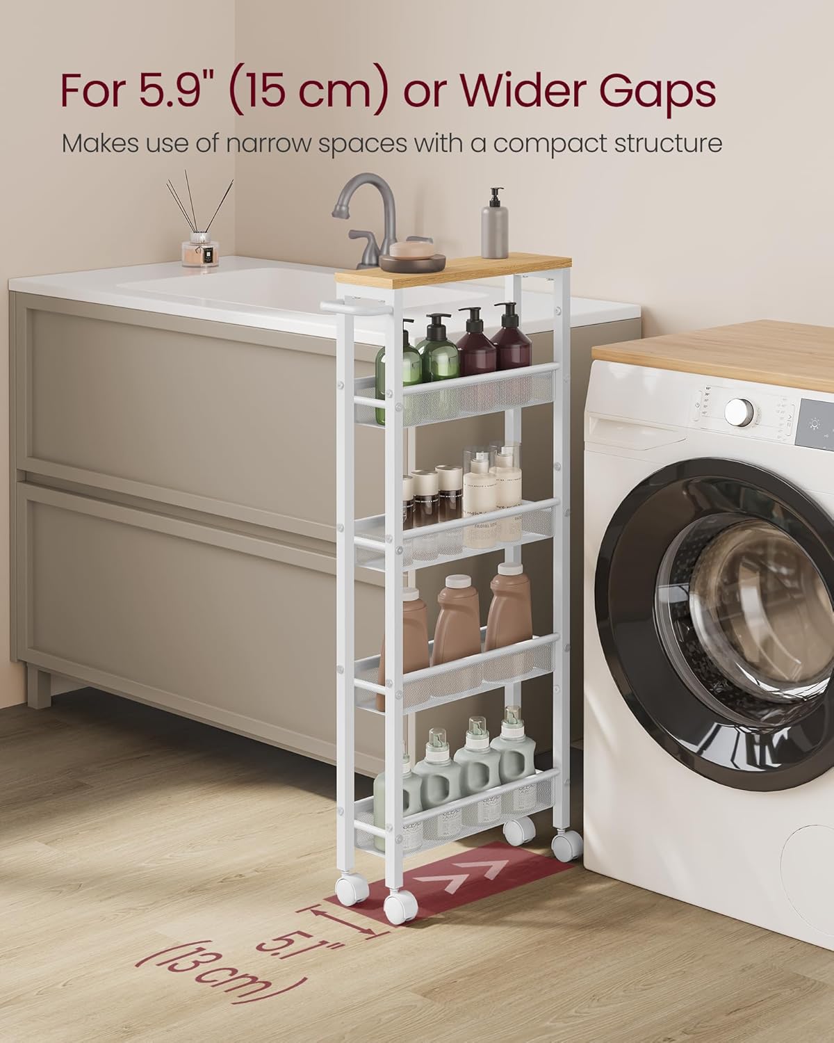 VASAGLE Slim Rolling Cart, 5-Tier Storage Cart, Narrow Cart with Handle, 5.1 Inches Deep, Metal Frame, for Kitchen, Dining Room, Living Room, Home Office, Oak Beige and Classic White ULRC034W09