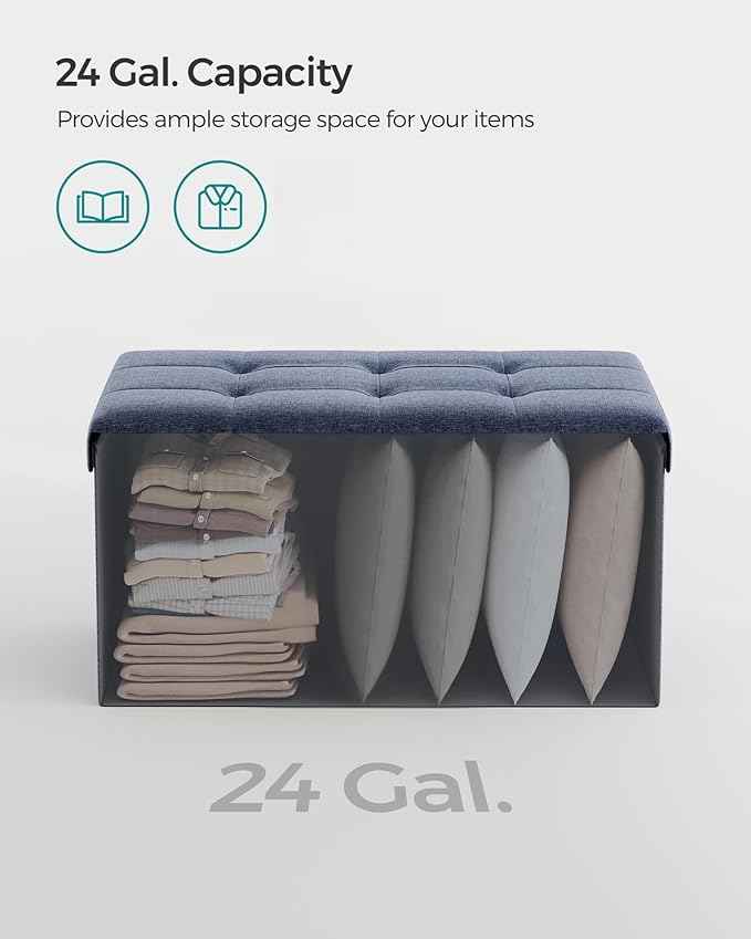 SONGMICS Mazie Collection - 30 Inches Folding Storage Ottoman Bench, Ottoman Foot Rest, End of Bed Bench, Storage Chest, Load 660 lb, for Living Room, Bedroom, Entryway, Misty Blue ULSF047Q01