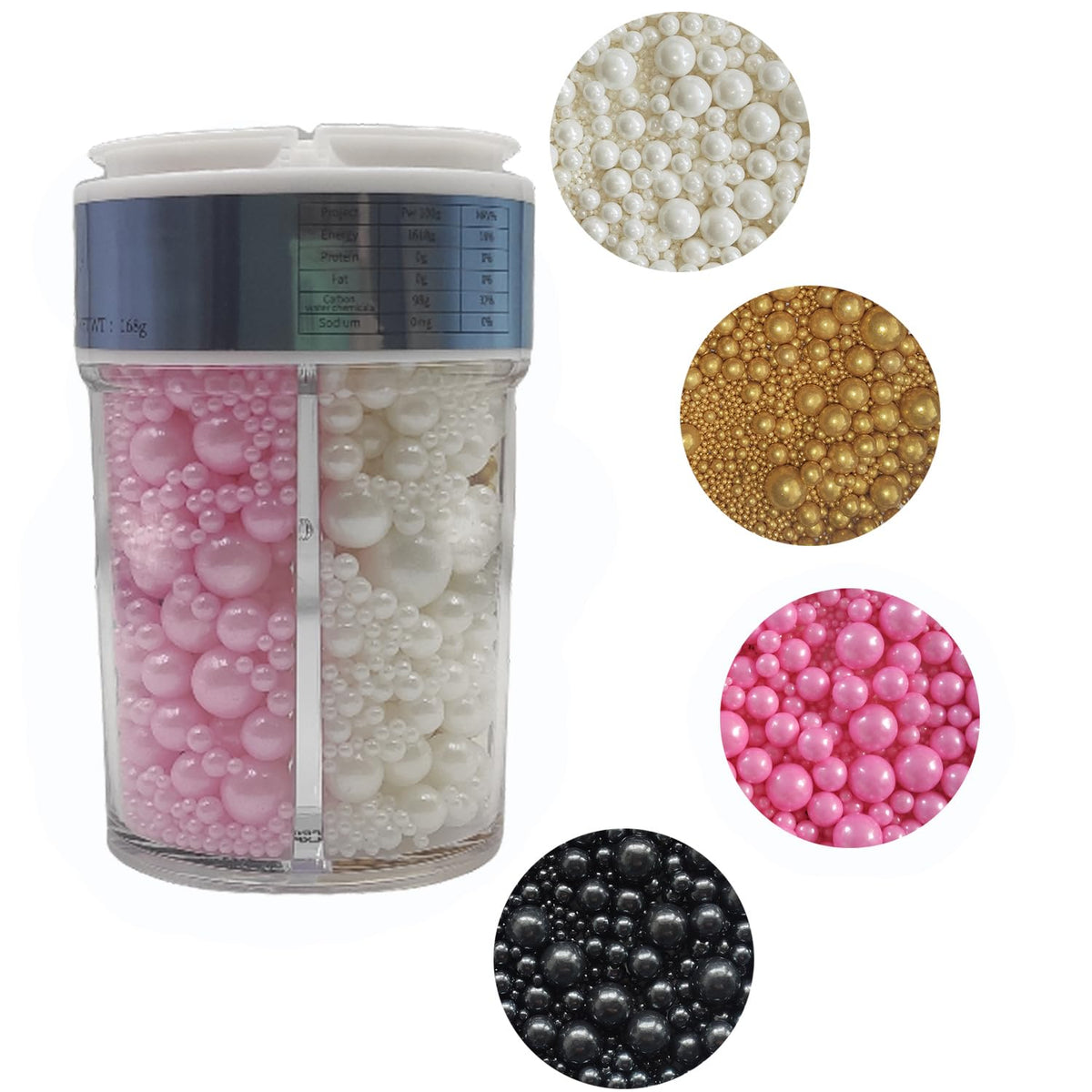 Edible 4 in1 Pearls Sugar Sprinkles 6 oz, Mix size Candy Pearl for Cake Decorating and Cupcake Toppers Cookie Decorations Ice Cream Topping Wedding Halloween Christmas(White,Black,Gold,Pink)