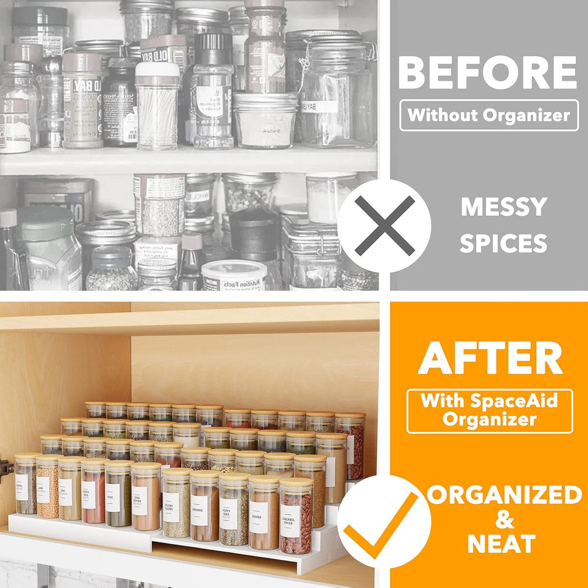 SpaceAid Bamboo Spice Rack Organizer for Cabinet, Kitchen Pantry Spices Storage Rack for Cabinets Organization, Home Seasoning Tiered Can Goods Racks Wood Shelf Organizers (4 Tier, White)