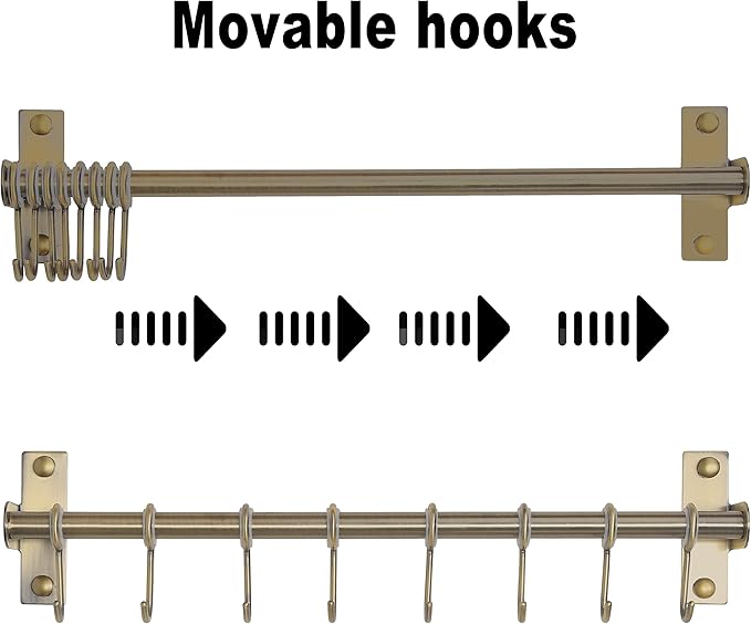 Dseap Kitchen Hooks for Hanging Utensils, Hanging Pot Rack, Kitchen Utensil Hanger Rail with 8 Hooks for Pots Pans, Spoons, Mugs, Wall Mounted, Stainless Steel, Bronze, Pack of 2