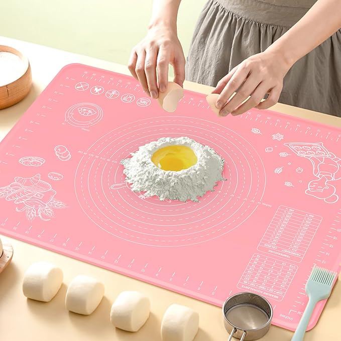 Silicone Pastry Mat 32" x 24" Extra Thick Non Stick Baking Mat with Measurements and Edge Heightening, Food Grade Silicone Rolling Mat for Pastry, Bread, Cookies, Pizza, Fondant, Pasta - Pink