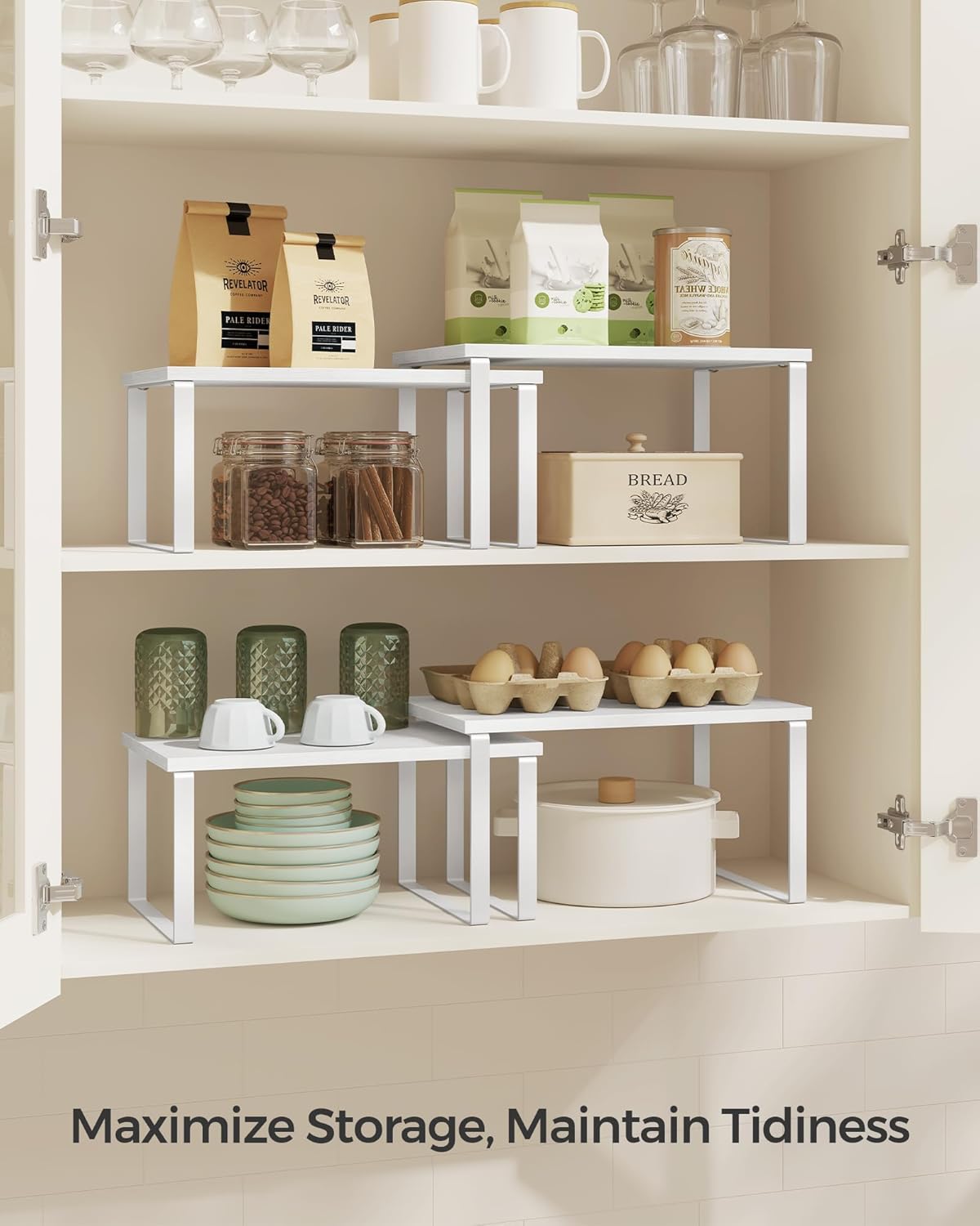 SONGMICS Cabinet Organizer Shelf, Set of 2 Kitchen Counter Shelves, Kitchen Storage, Spice Rack, Stackable, Expandable, Metal and Engineered Wood, Cloud White and Snow White UKCS02W01