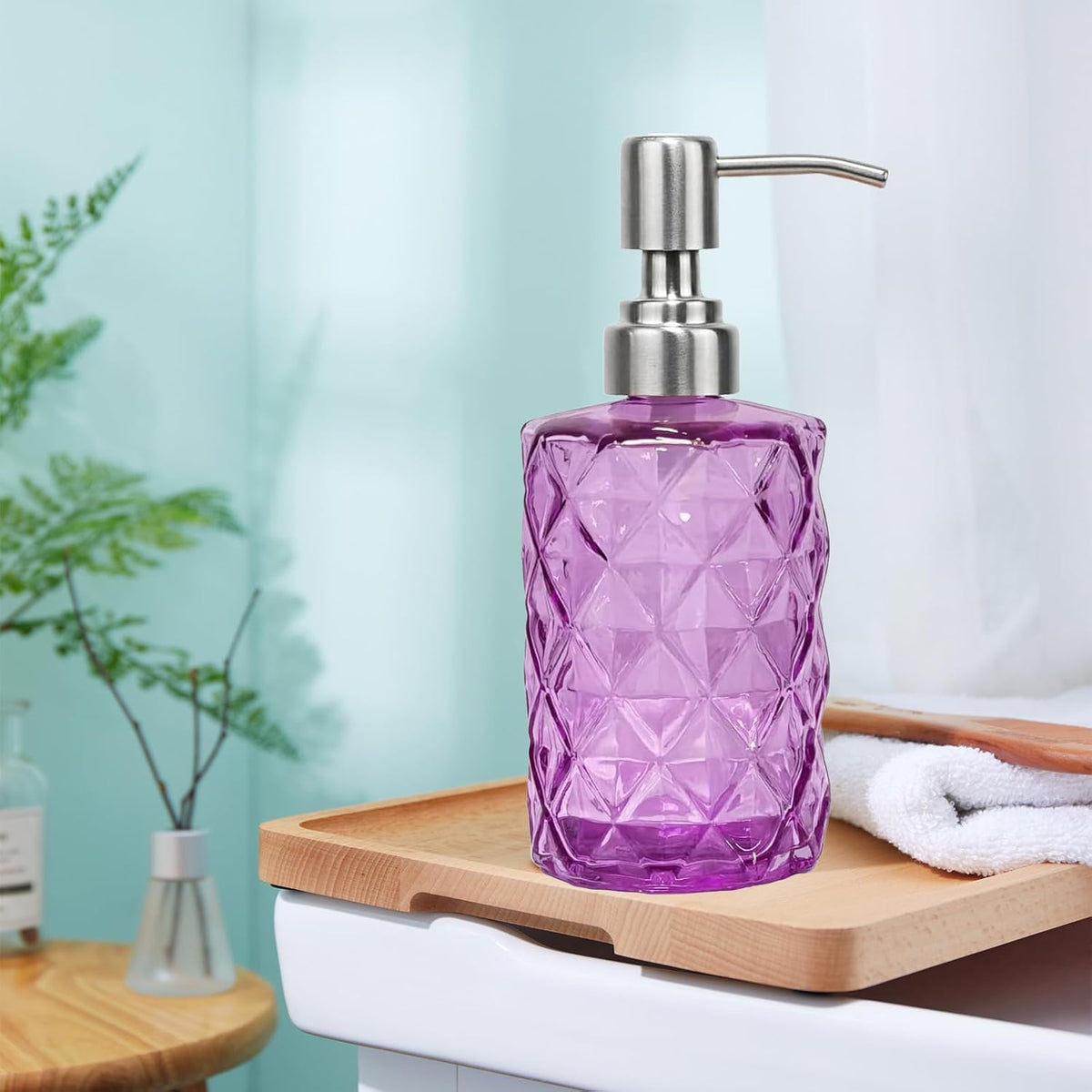 12Oz Purple Glass Soap Dispenser with Stainless Steel Pump, Refillable Kitchen Liquid Hand Soap Dispenser with Diamond Design, for Dispense Hand soap, Dish Soap, Lotion, Bathroom, Countertop, Hotel