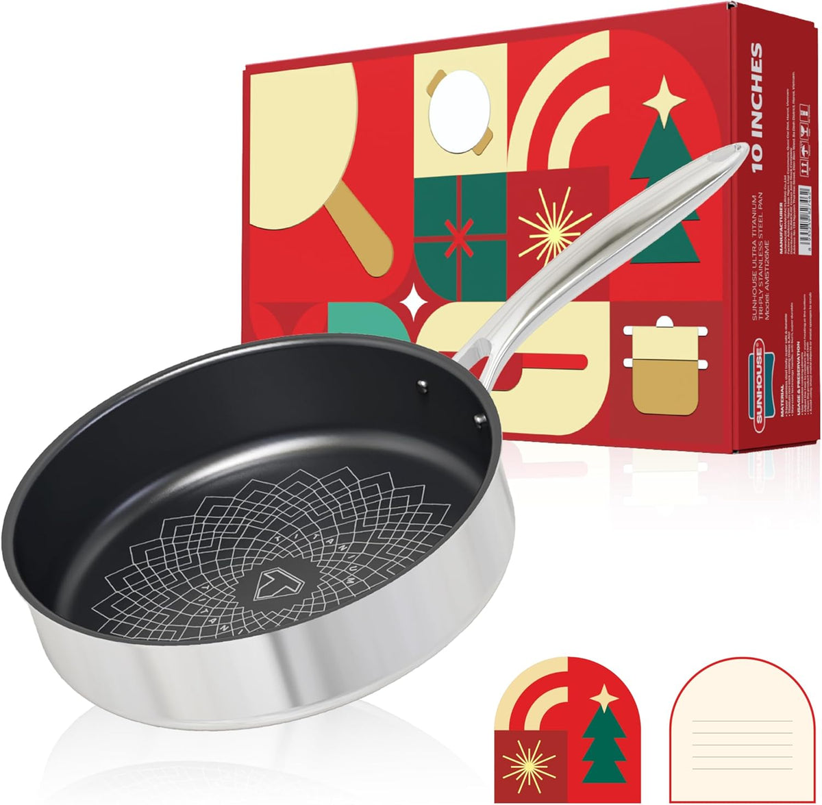 Sunhouse Titanium-Coated Tri-Ply Stainless Steel Pan, 10 inch frying pan, Non-Toxic, PFAS PFOA & PTFE Free, Oven Safe, Compatible with All Cooktops, Perfect Gifts for Mom or Dad, Premium gift box