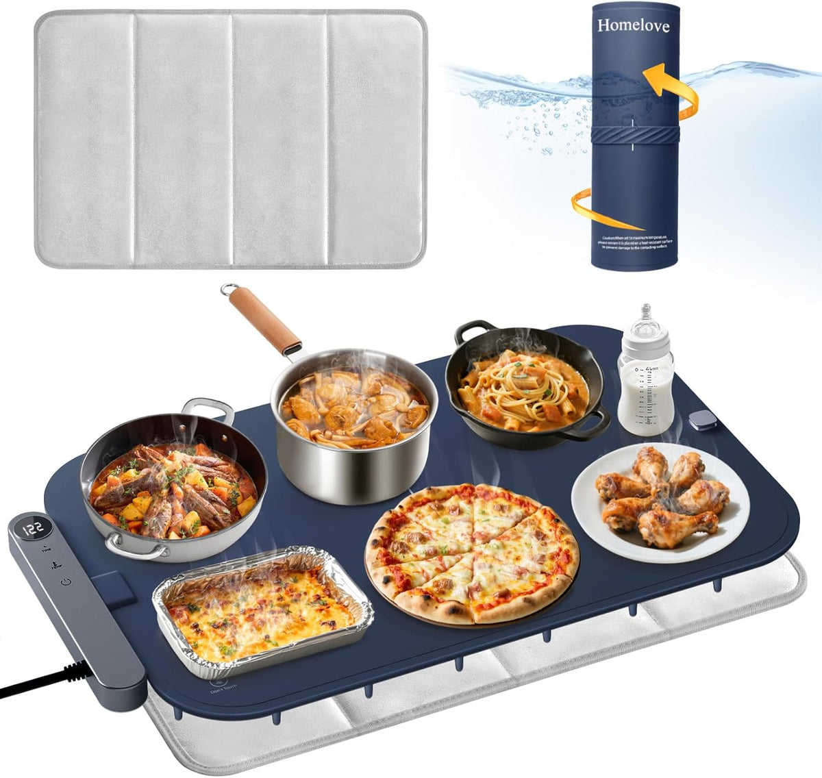 Homelove Food Warming Mat Waterproof - Electric Warming Tray with 6-Level Temperature and Hours Setting, Full Surface Graphene Heating, Dishwasher-Friendly Food Warmer Mat for Parties, Kitchen (Blue)