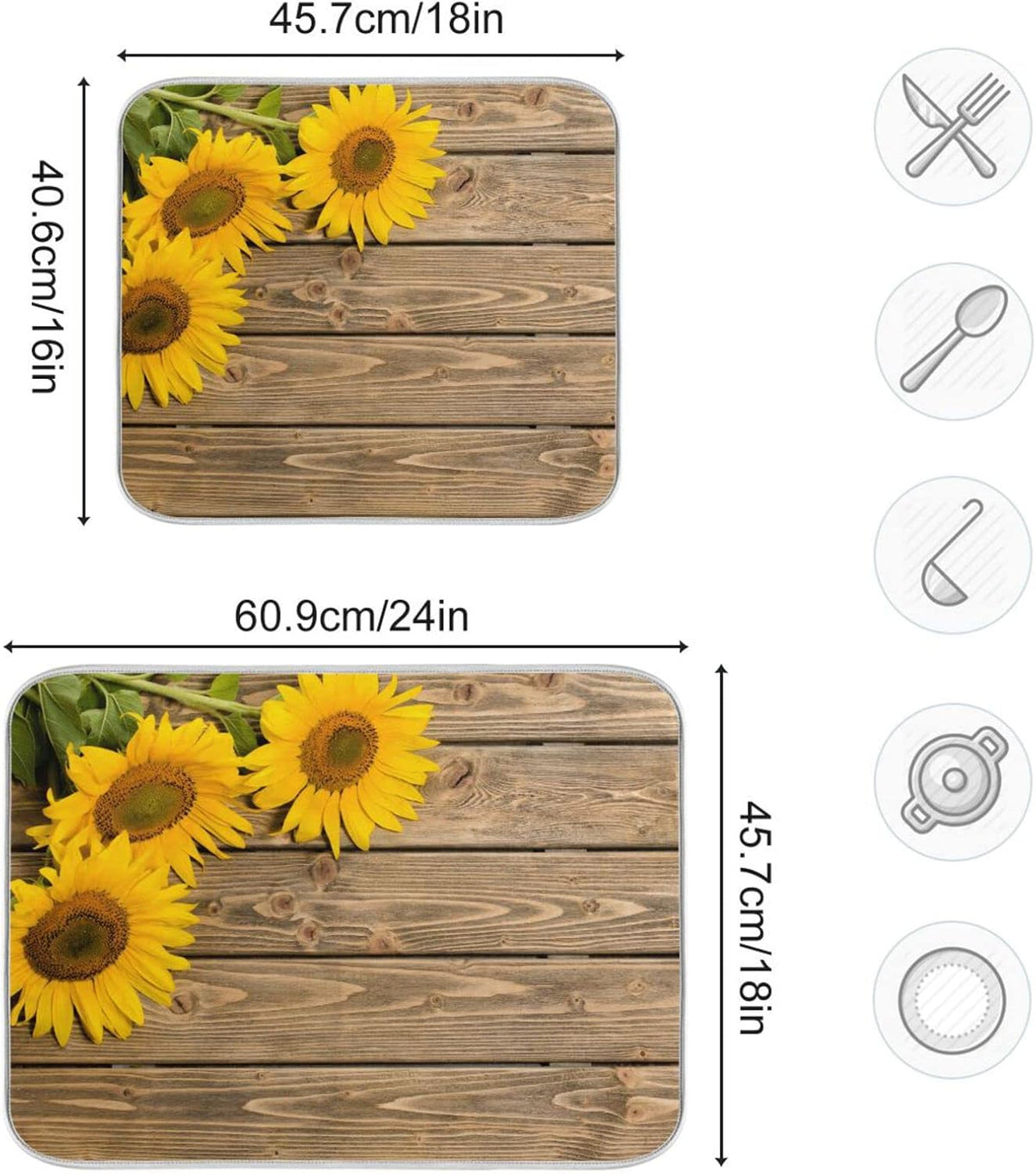 Super Absorbent Dish Drying Mat, Microfiber Fast-Drying Dish Mat, 16" x 18", Kitchen Dish Drying Pad, Sunflowers On The Wooden