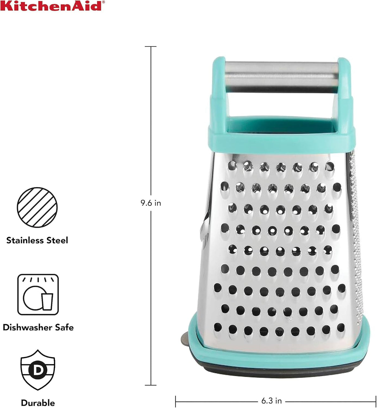 KitchenAid Gourmet 4-Sided Stainless Steel Box Grater for Fine, Medium and Coarse Grate, and Slicing, Detachable 3 Cup Storage Container and Measurment Markings, Dishwasher Safe, 10 inches tall, Aqua