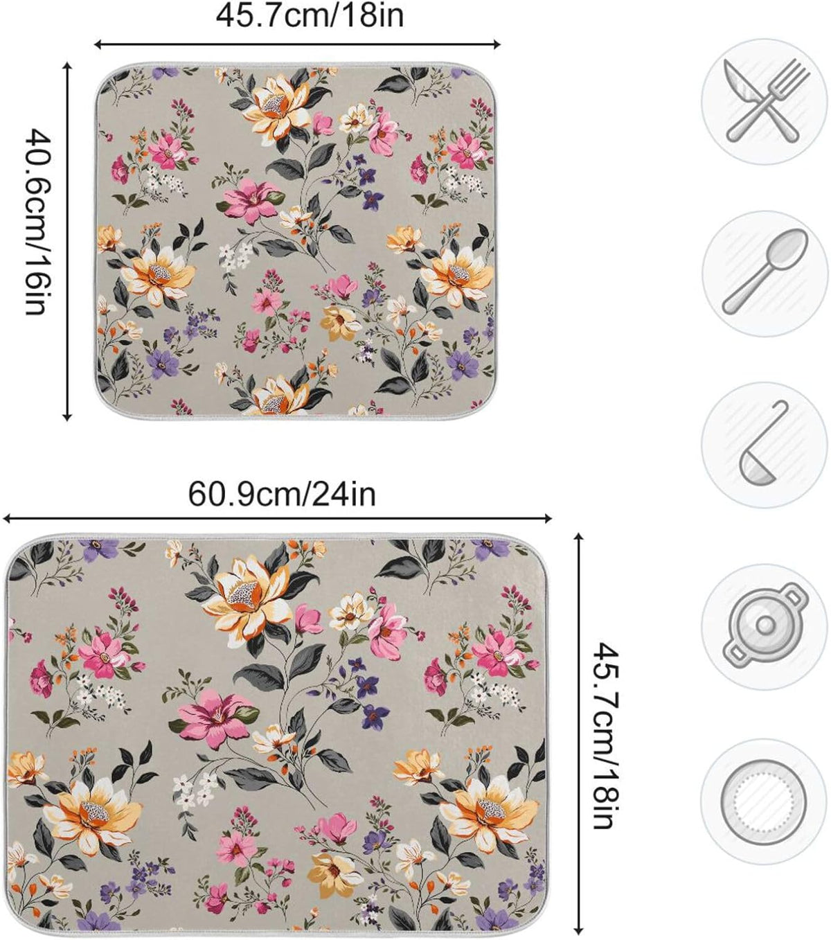 Vintage Flowers Leaves Dish Drying Mat for Kitchen Counter Absorbent Microfiber Drying Pad, Large 18x24 in, Reversible Drainer Mats