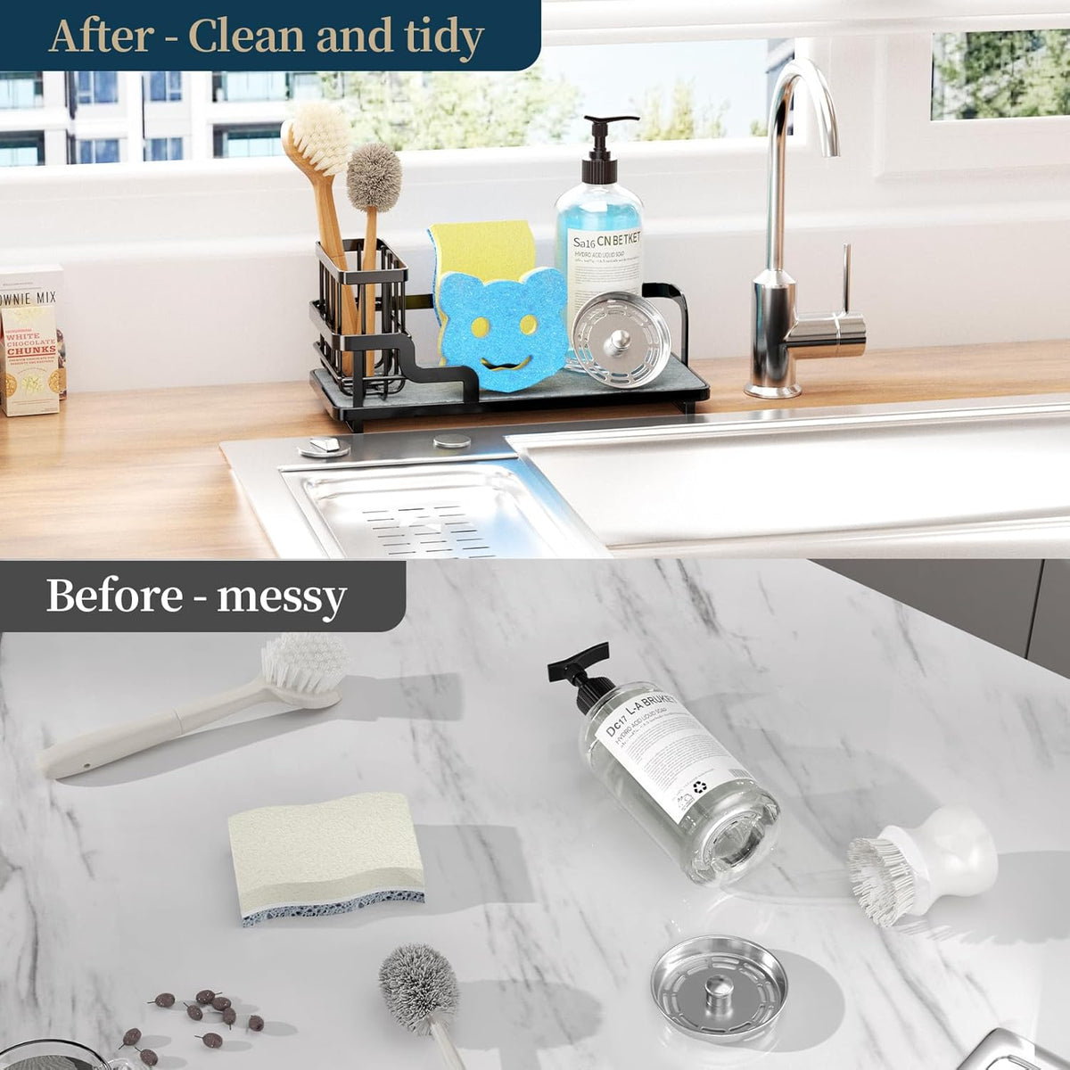 Consumest Sponge Holder for Kitchen Sink - Sink Caddy Organizer with Water Absorbing Stone Tray, Detachable Brush Holder, Stainless Steel Kitchen Counter Organizer Rack, Black