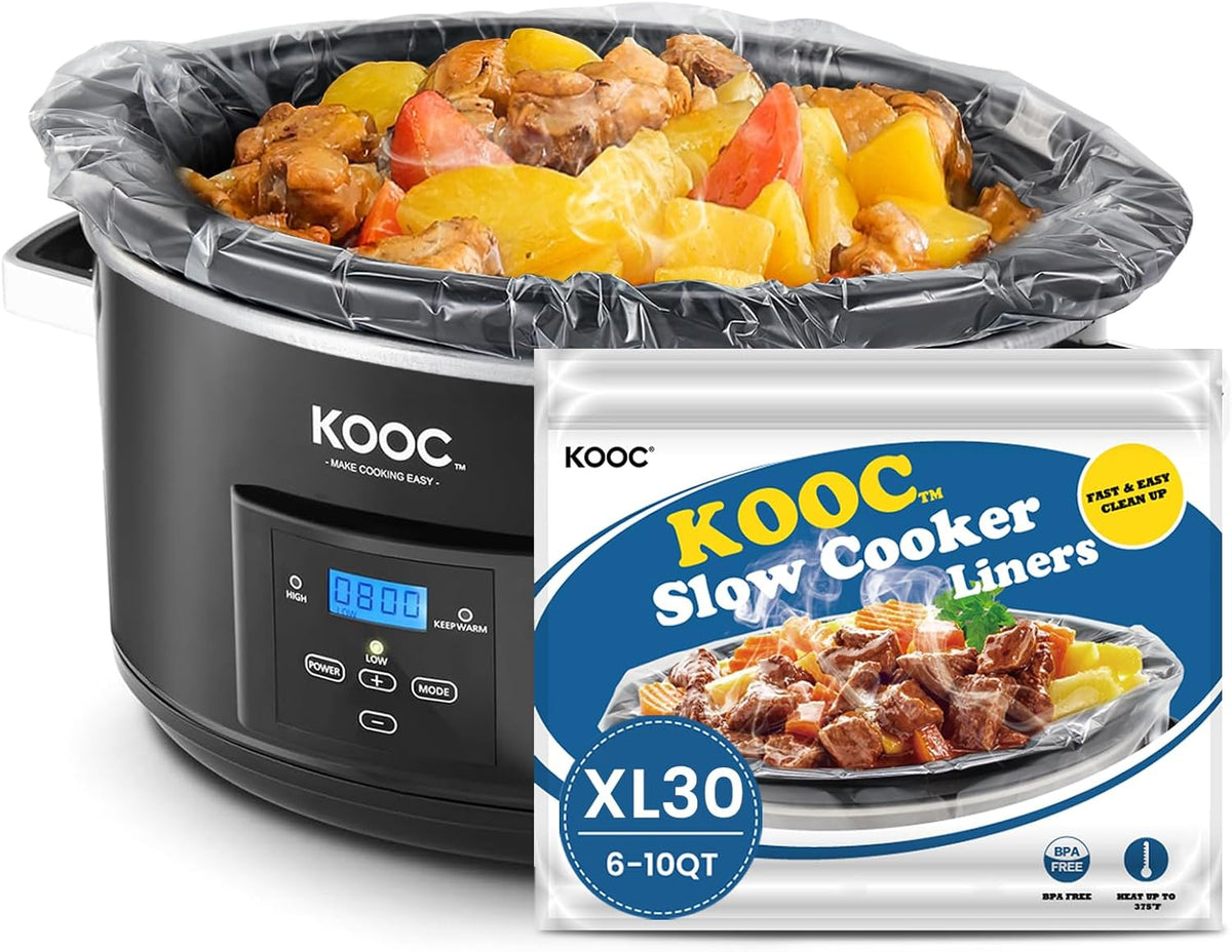 KOOC Slow Cooker Liners 14"x22" 30 Count Extra Large Size Disposable Pot Liners Cooking Bags Fit 6 qt to 10 qt Pot BPA Free Fresh Locking Seal Design