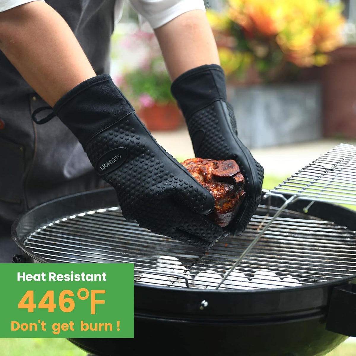 GEEKHOM BBQ Gloves, Grilling Gloves Heat Resistant Oven Gloves, Kitchen Silicone Oven Mitts, Long Waterproof Non-Slip Pot Holder for Barbecue, Cooking, Baking, Black
