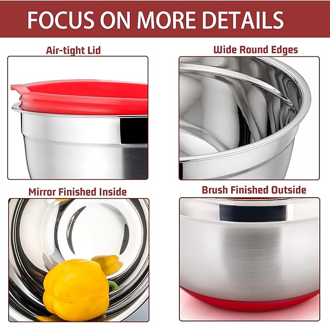 P&P CHEF Mixing Bowls With Lids, Set of 6, Stainless Steel Nesting Mixing Bowls & Fitting Lids & Non-Slip Silicone Bottom, Ideal for Mixing, Storing, Size 0.7/1/1.5/2.5/3/4.6 Qt, Red