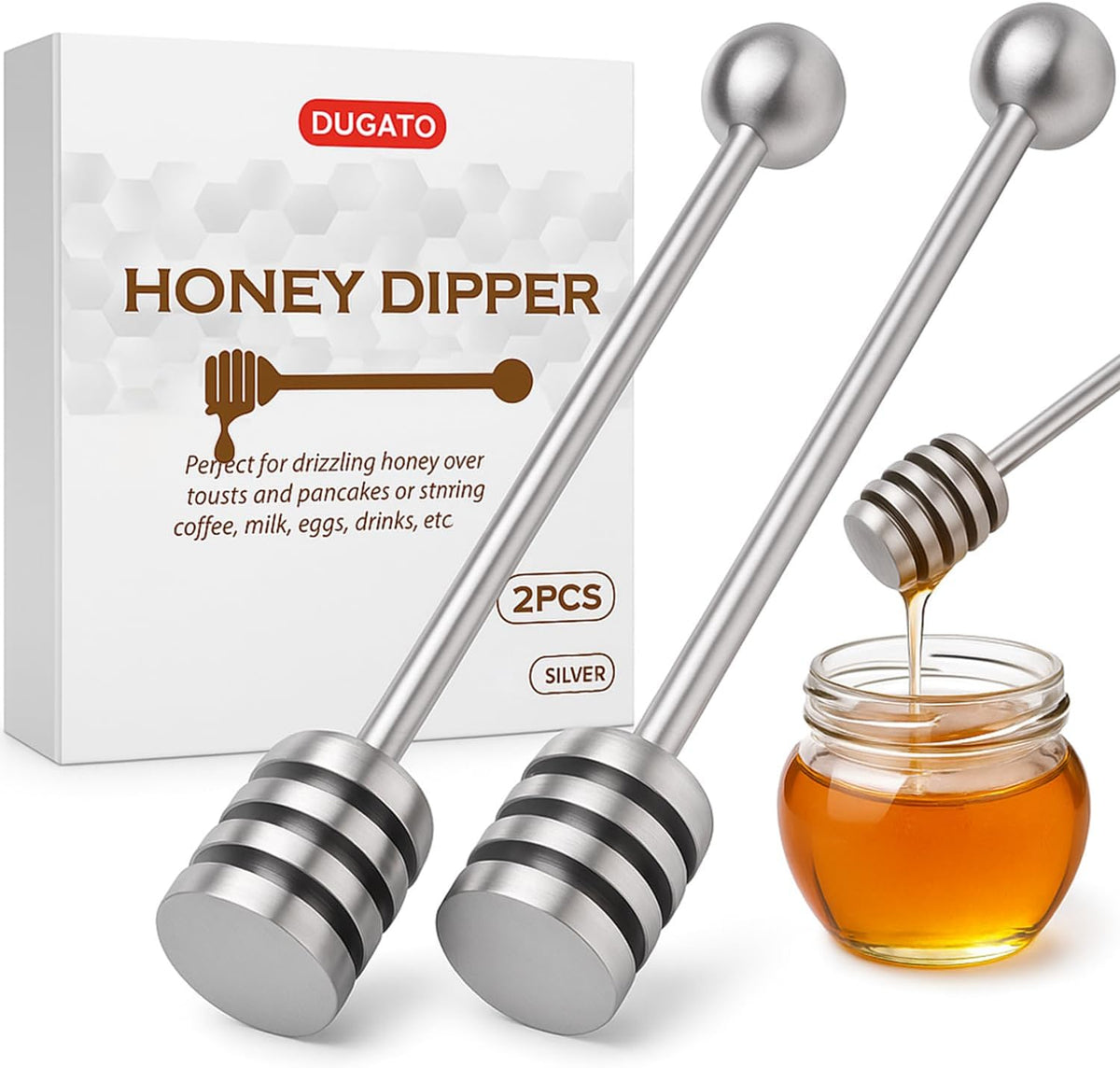 DUGATO Honey Dipper Set (2 Pack, 6.3") - 304 Stainless Steel Honeycomb Sticks for Honey Pot Jar, Syrup Drizzler, Tea & Coffee Stirrer - Elegant Kitchen Utensil (Stainless Steel)