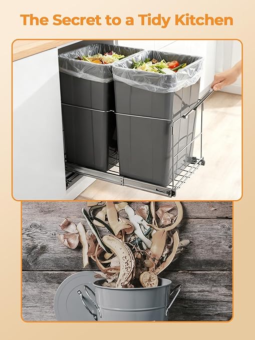 FOHERE Pull Out Trash Can Under Cabinet, 35 QT Double Under Sink Trash Can Waste Container with with Chrome Wire Bottom Mount and Handle, Heavy Duty Garbage Recycling Bin for Kitchen Cabinet, Sink