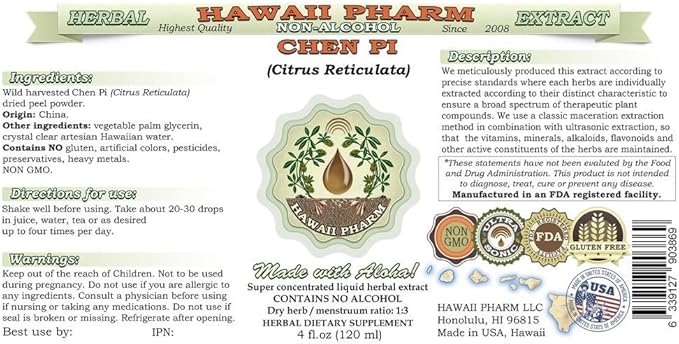 Chen Pi Alcohol-Free Liquid Extract, Chen Pi, Tangerine (Citrus Reticulata) Peel Glycerite Hawaii Pharm Natural Herbal Supplement 4 oz