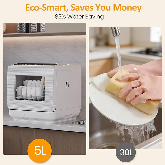 Sunvivi Portable Dishwasher with 152OZ Water Tank, 18" Countertop Dishwasher Machine fits up to 12" plates, Energy Star, 6 Preset Mode, 12H Delay Start, Small Dish Washer for Dorm RV&Apartment, White