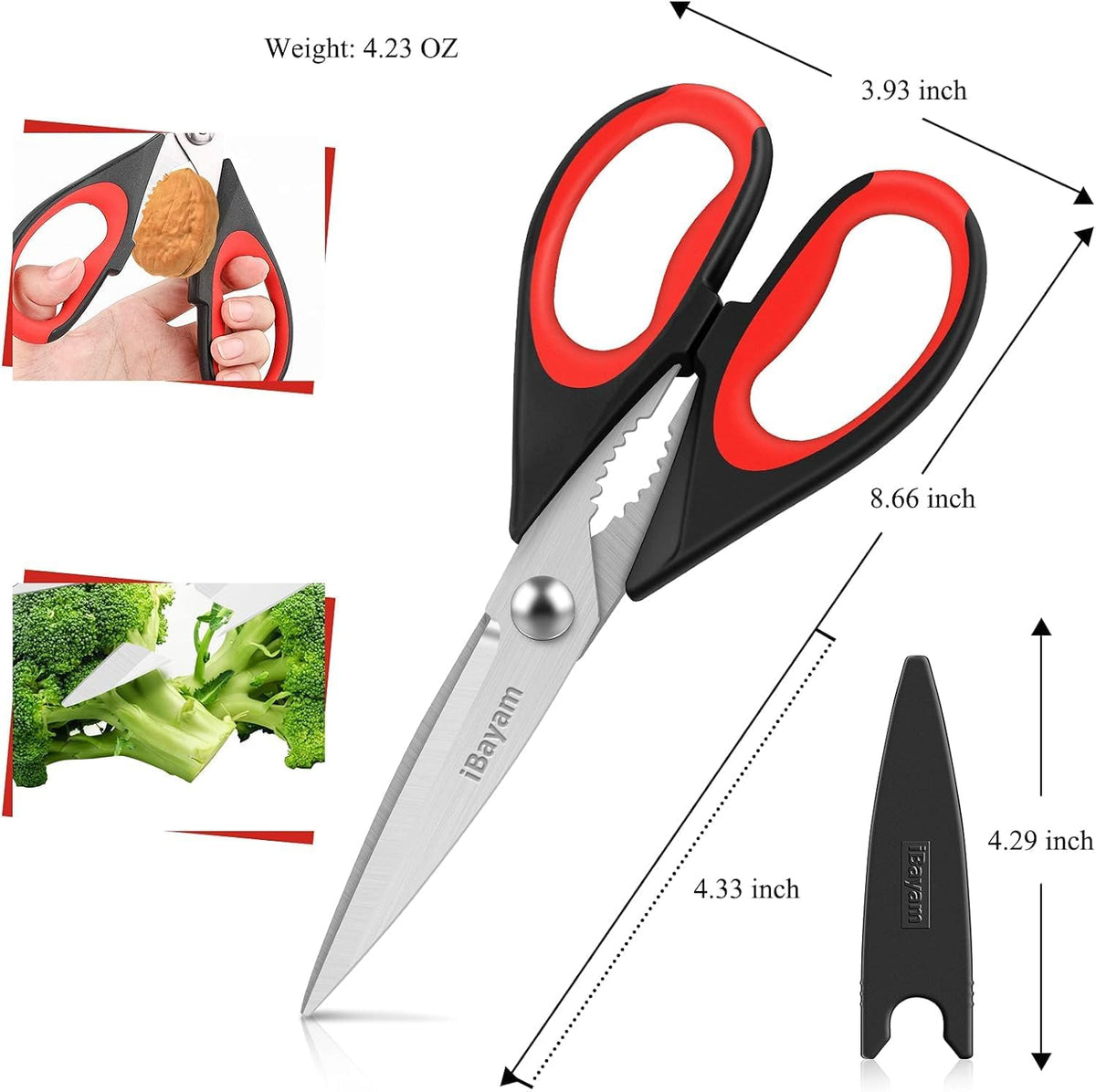 iBayam 3-Pack 8.5"Kitchen Scissors All Purpose Heavy Duty with Protective Sheath, Soft Grip Comfort Handle, Dishwasher Safe Kitchen Utensils Gadgets Set, Stainless Cooking Meat Poultry Food Shears
