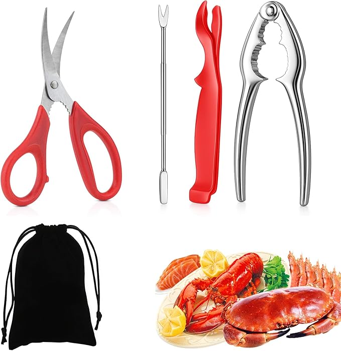 5 PCS Seafood Cracker Tool Set, Including Lobster Sheller, Stainless Steel Crab Crackers, Crab Leg Fork, Scissors and Storage Bag for Seafood Boil Party Supplies, Ideal Gift for Friends