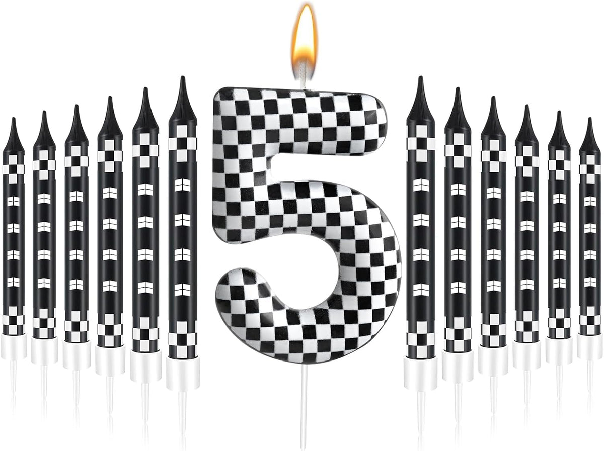 13 Pcs Racing Cars Themed Birthday Candles Black and White Race Number 5 Checkered Candle Cake Topper for Racing Car Party Decoration Supplies (Number 5)