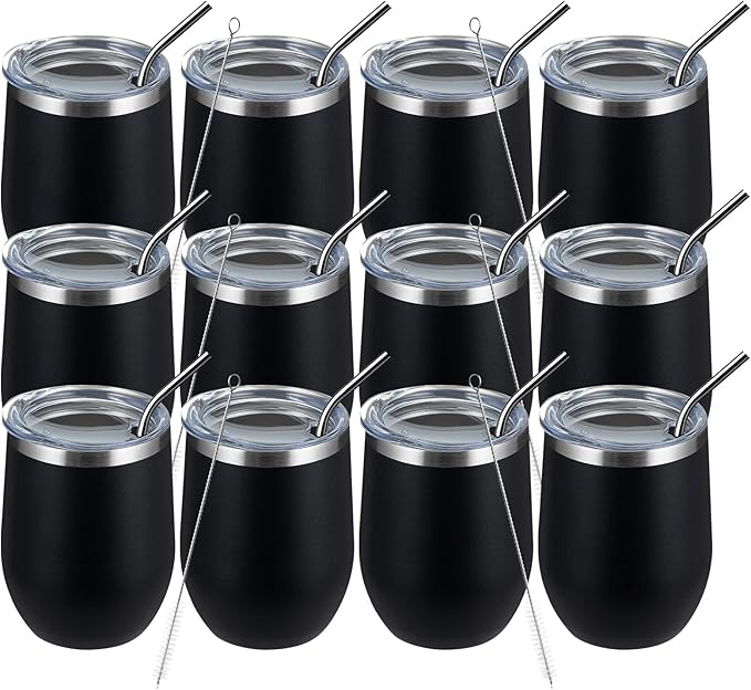 MEWAY 12oz/12 Pack Wine Tumbler Glasses with Lid -Double Wall Vacuum Stainless Steel Travel Tumbler Mug,Stemless Insulated Wine Cup for,Coffee,Cocktails,Gifts (Black,Set of 12)