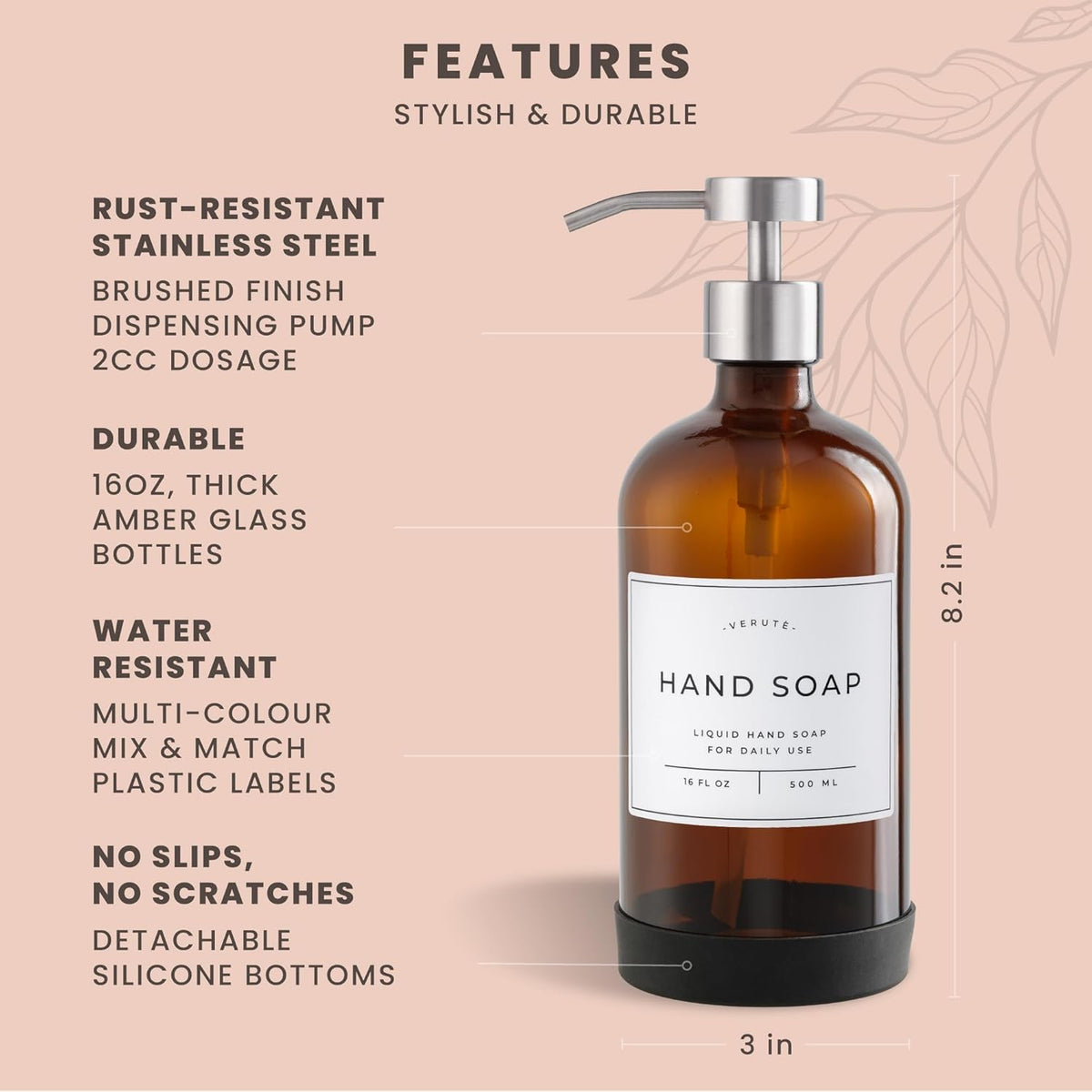 16oz Glass Soap Dispenser with Stainless Steel Pump, 21 Waterproof Labels, Non-Slip Protective Silicone Pad, Set of 2 for Bathroom & Kitchen (Amber Bottle/Brushed Silver Pump)