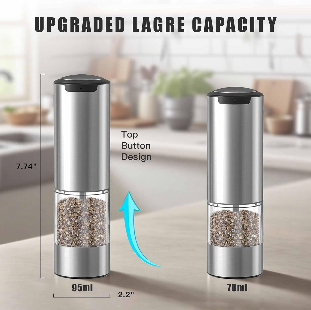 Electric Salt and Pepper Grinder Set, Rechargeable Automatic Pepper Mill Grinder with Led Light, One Hand Operation, Adjustable Coarseness, USB-C Recharging, Refillable, 95ml, Silver(2 Pack)