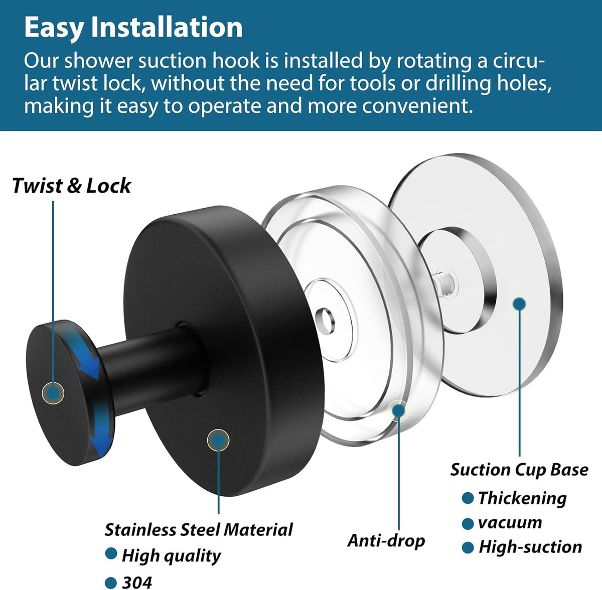 Suction Cup Hooks for Shower, 4 PCS No-Drill Towel Holder for Bathrooms Wall, Glass Door, Mirror, Tiles, Kitchen, Hold Robe & Wreath, Hanging up to 15 lbs – Waterproof & Rustproof, Matte-Black