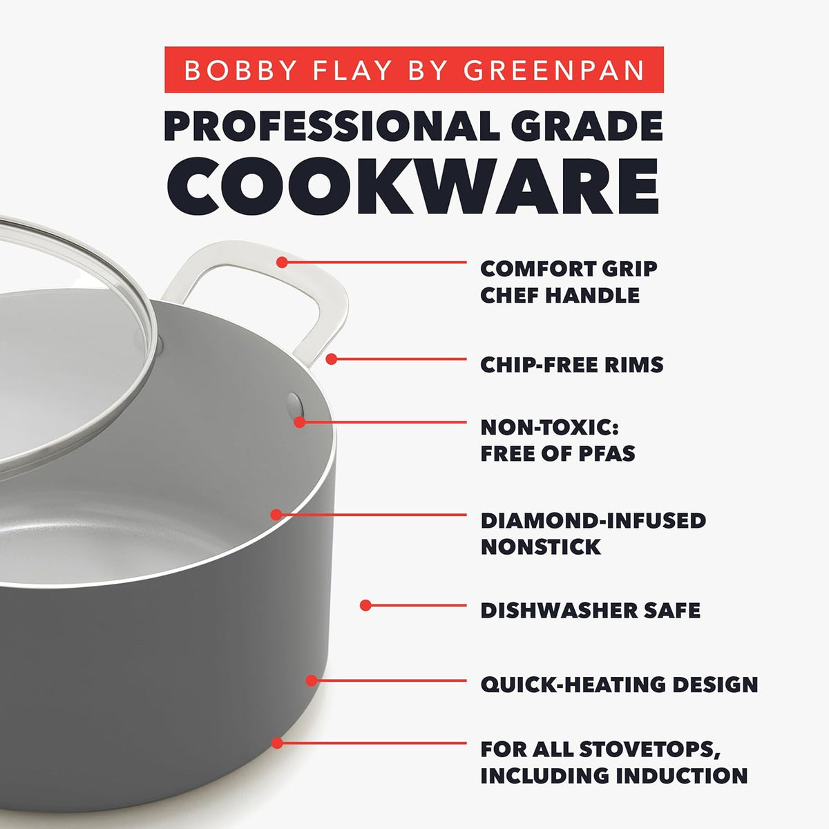 GreenPan x Bobby Flay 6QT Stockpot with Glass Lid, PFAS-Free Diamond Ceramic Nonstick Pot, Induction Suitable, Easy Clean Dishwasher & Oven Safe, Quick Heating, Pasta, Soups, Graphite