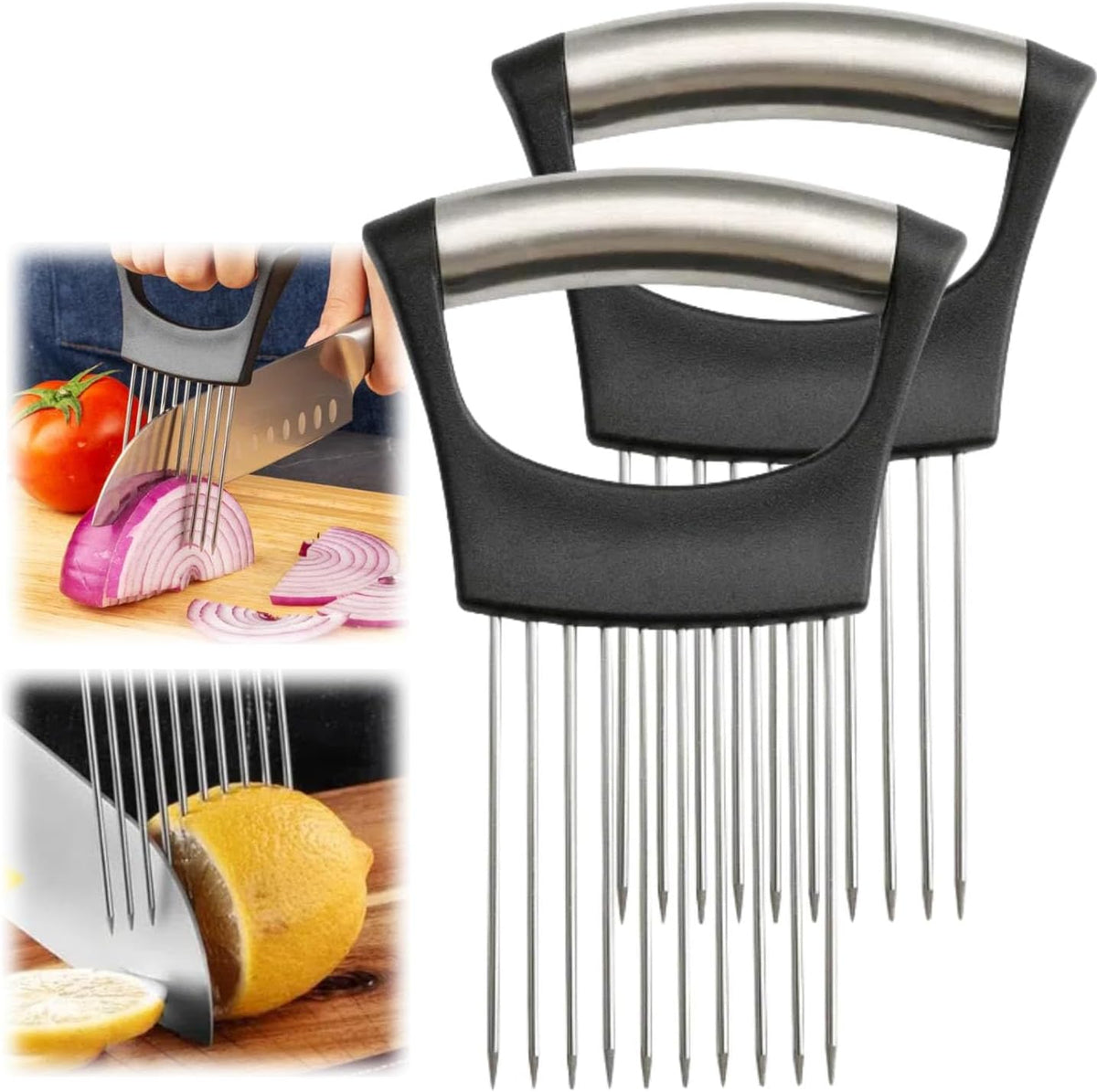 Stainless Steel Onion Slice Holder, Lemon Slicer Vegetable Cutter, Chopper Slicing Assistant Tool for Meat, Onion, Potato, Tomato Home Kitchen Tools (2 PCS)
