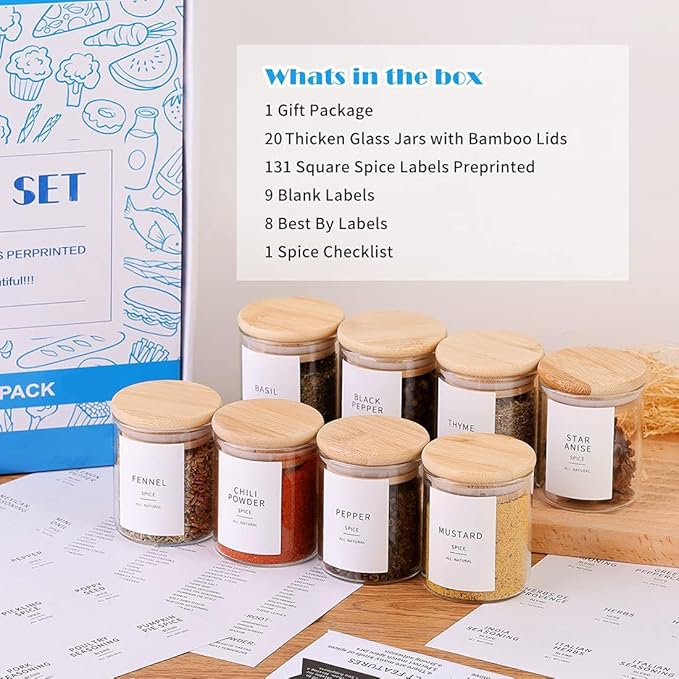 Glass Spice Jars with Bamboo Lids - 20 Pcs Thicken(2.4mm) 4oz Airtight Seasoning Containers with 131 Waterproof Minimalist Spice labels Preprinted - Small herb Jars for Pantry Organization and Storage