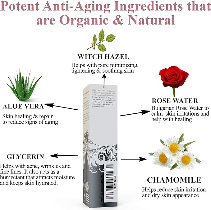 Organic Hydrating Toner for Face Anti-Aging - Rose Water, Witch Hazel & Aloe Vera Toning Facial Mist for Women. Natural Skin Moisturizing Rosewater Spray. Oil Free, Pure, Fresh & Pore Tight
