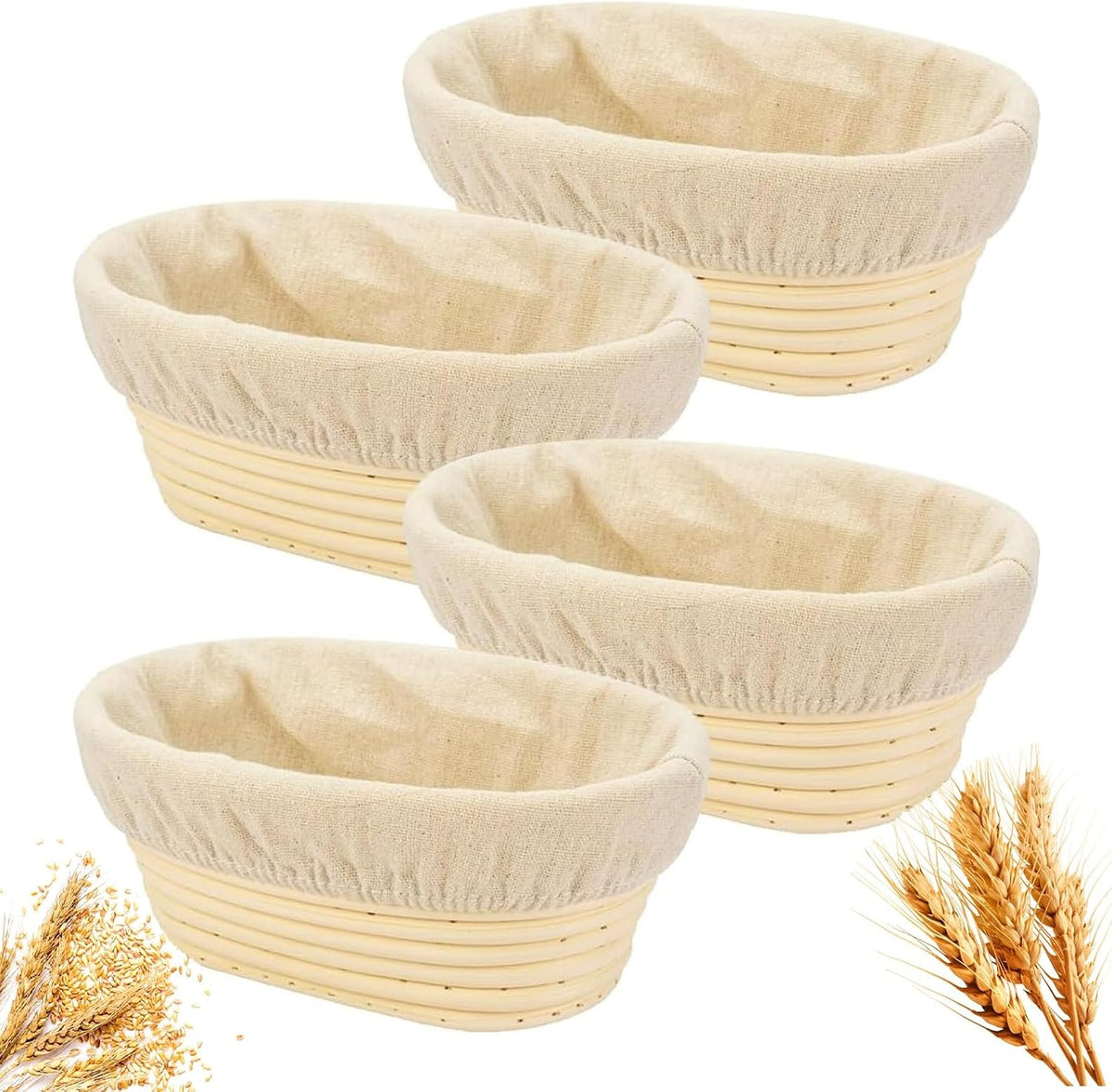 Banneton Bread Proofing Basket - Banneton Basket Set of 4 Pack 8 inch Oval Sourdough Proofing Basket with Liner - Handmade Rattan Proofing Rising Bowl for Artisan Bread Making Baking Supplies