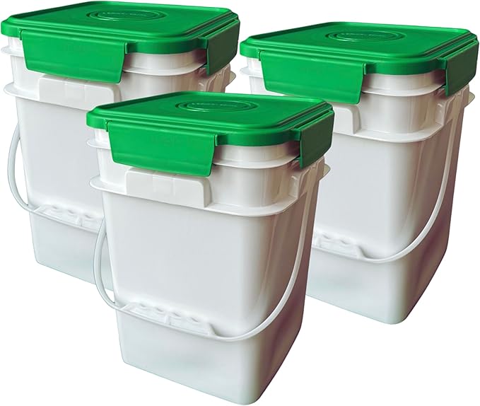 House Naturals 4 Gallon Square Food Grade Bucket Pail with Plastic Handles and Lid (Pack of 3) Made in USA containers (White - Green lid)