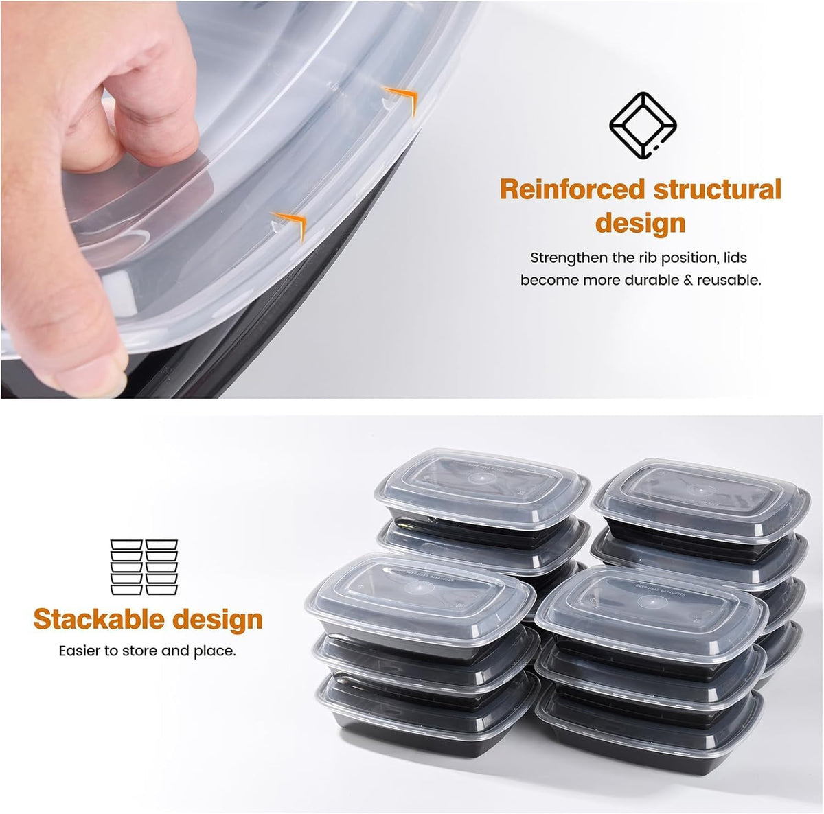 Glotoch Express 32oz 1-Compartment Black Square Food Containers with Lids, Durable BPA-Free Plastic Meal Prep Boxes, Microwave/Freezer/Dishwasher Safe, 300 Pack