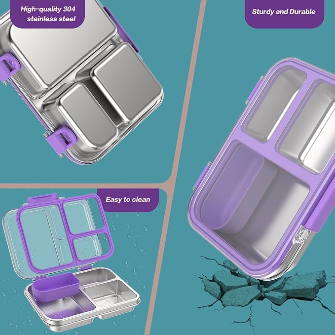 Stainless Steel Bento Box for Kids, 3-Compartment Metal Lunch Box with Clear Lid & Removable Silicone, Lunch Box Kids with Silicone Inner Container for Meal Prep, School, Office (Purple)