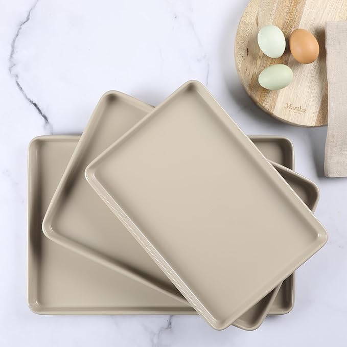 Martha Stewart Gallen 3-Piece Cookie Sheet Set – 13", 15", 17" Baking Pans, Ceramic Nonstick, PFA-Free, Carbon Steel – Oven Safe to 450°F, Warp-Resistant, Easy to Clean - Taupe
