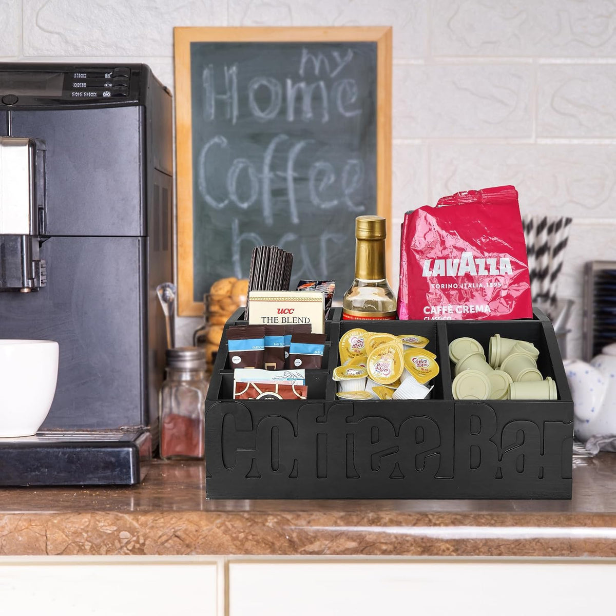 Coffee Bar Organizer for Accessories, Wood Station for Countertop, Farmhouse Pod Syrup Holder, Condiment Organizer for Decor (Black)